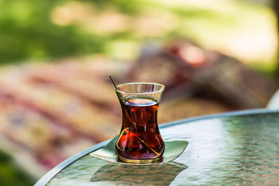 Close-up of tea in glass on table