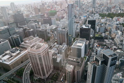 High angle view of modern buildings in city