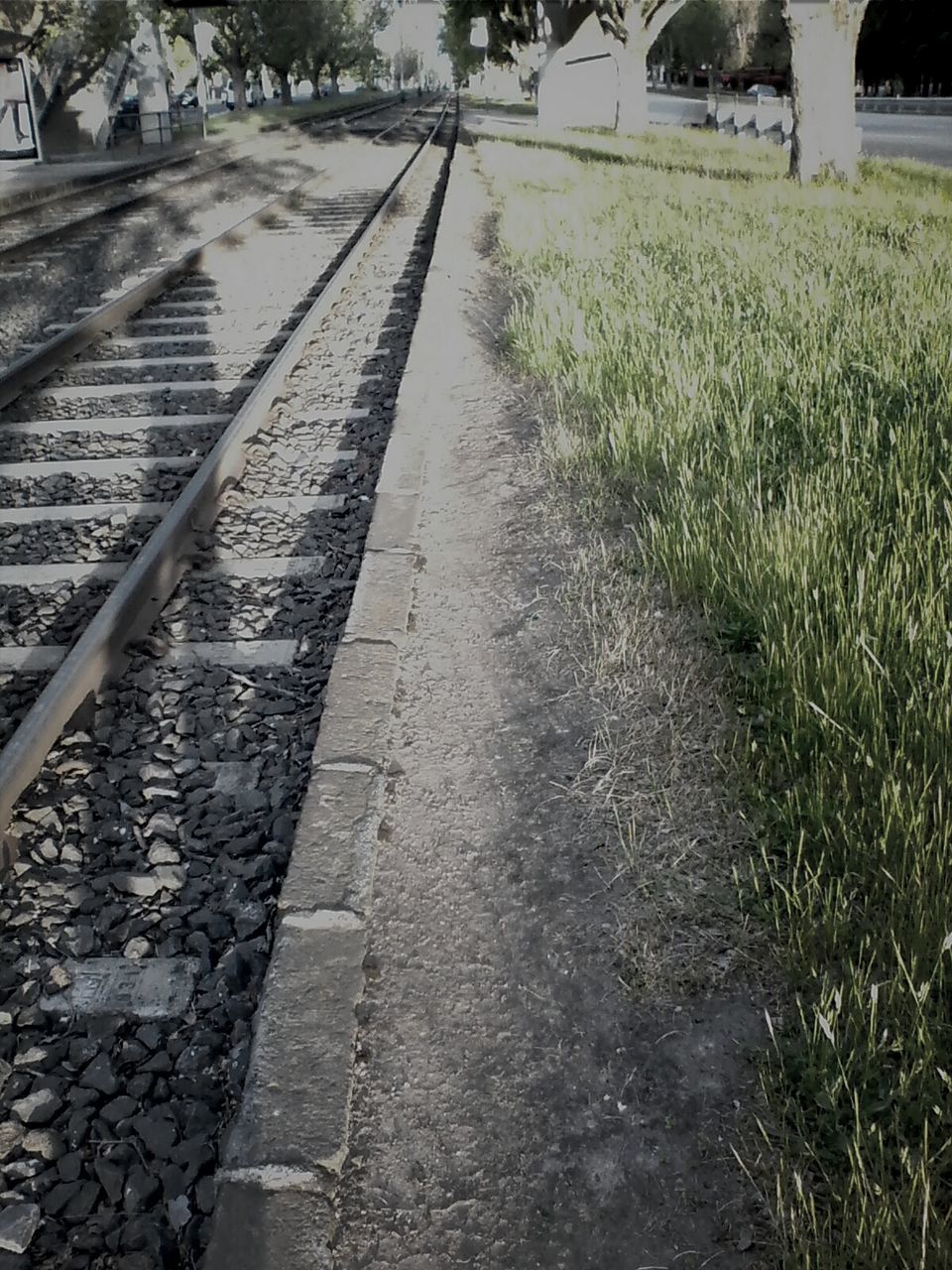 the way forward, railroad track, transportation, diminishing perspective, vanishing point, grass, rail transportation, plant, growth, high angle view, day, long, no people, outdoors, straight, surface level, footpath, nature, empty, green color