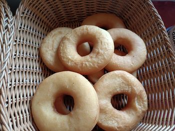 Close-up of donuts in wicker basket