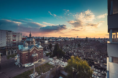 High angle view of townscape against sky during sunset