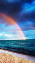 Scenic view of rainbow over sea against sky