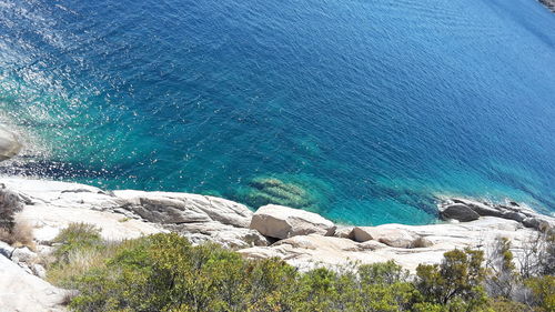 Scenic view of sea against blue sky