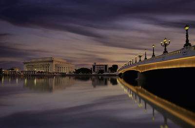 Bridge over river against sky at sunset