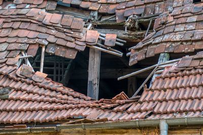 Low angle view of roof of abandoned building