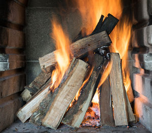 Beautiful shot of burning wood logs creating amazing orange flames