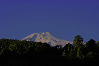 Scenic view of trees and mountains against clear blue sky