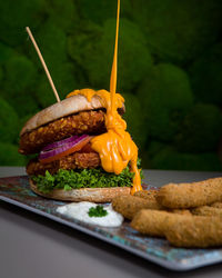 Close-up of burger in container