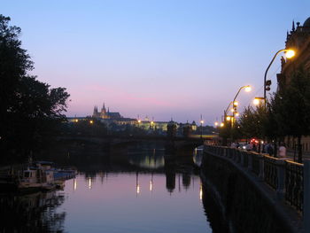 Illuminated buildings by river against sky at sunset