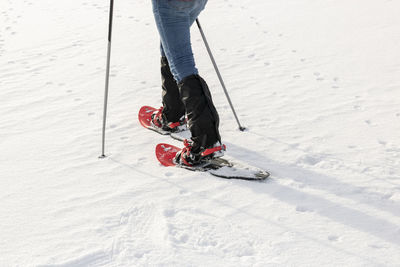 Low section of person on skiing on snow covered land