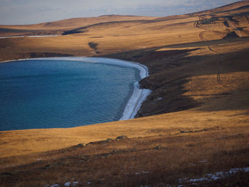 High angle view of land and sea