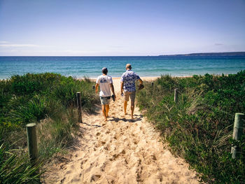 Rear view of men walking at beach against sky