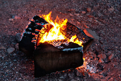 Close-up of fire burning on wood