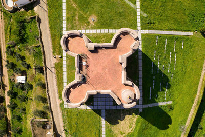 High angle view of metal fence on field