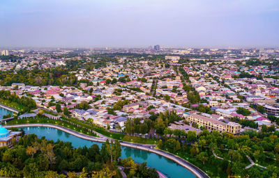 High angle view of cityscape against sky