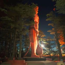 Low angle view of statue against sky at night