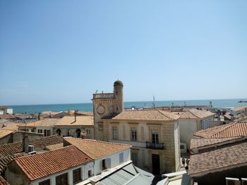 High angle view of buildings against clear sky