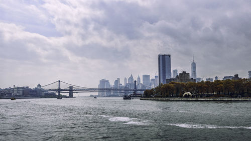 Bridge over river by city buildings against sky
