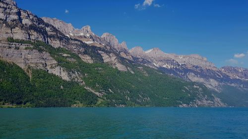 Scenic view of sea and mountains against sky