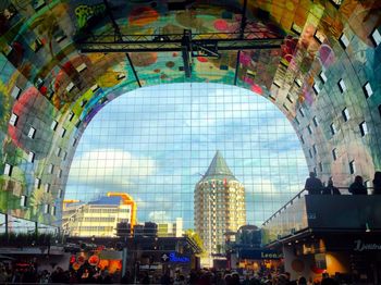 Group of people in city buildings