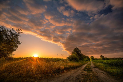 Road amidst field against sky during sunset