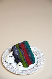 High angle view of cake in plate on table