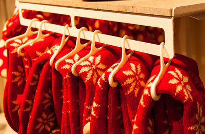 Close-up of red clothes hanging