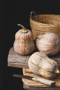 Close-up of basket on table against black background