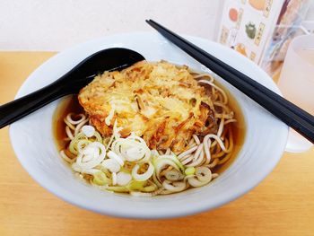 High angle view of noodles in bowl on table