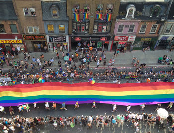High angle view of people on street in city