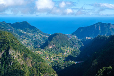 Scenic view of sea and mountains against sky