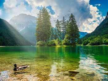 Scenic view of lake and mountains against sky