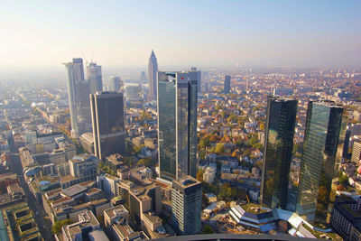 High angle shot of cityscape against clear sky