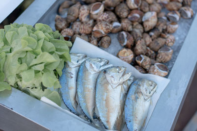 High angle view of fish for sale in market