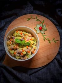 High angle view of salad in bowl on table