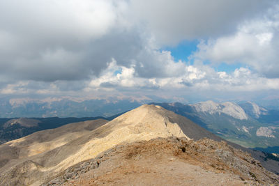 Scenic view of mountains against cloudy sky