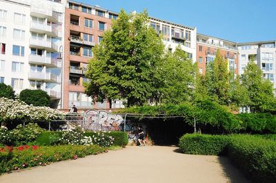 Trees and plants growing by building against sky