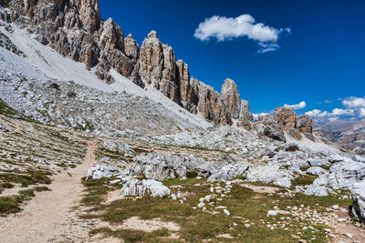 Low angle view of rocky mountains against sky