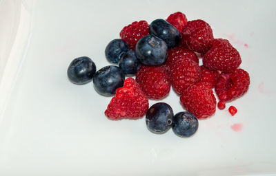 High angle view of strawberries