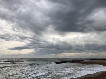 Scenic view of sea against dramatic sky