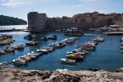 High angle view of boats in sea