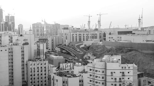 High angle view of buildings against clear sky