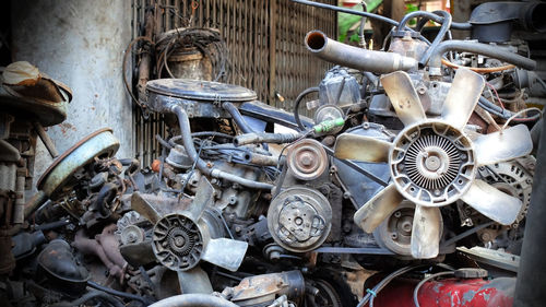 Old car engine machine, machine no use background, industrial concept, front view, engine.