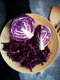 High angle view of chopped vegetables in bowl on table