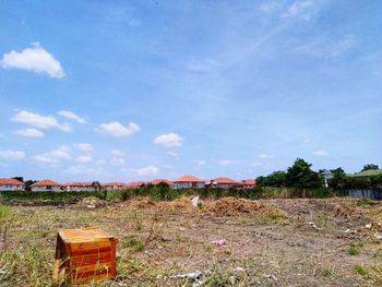 Trees and houses on field against sky