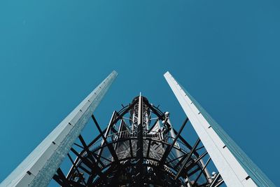 Directly below of built structure against clear blue sky