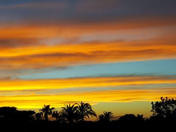 Silhouette trees against dramatic sky during sunset