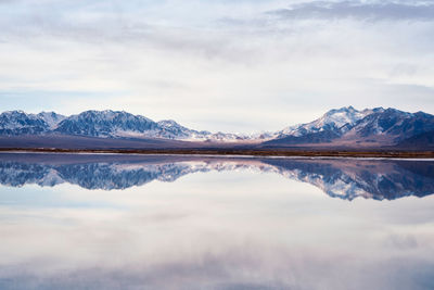 Scenic view of calm lake by snowcapped mountains against cloudy sky