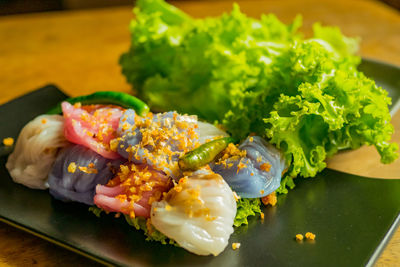 High angle view of food in plate on table