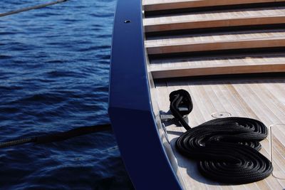 Close up shot of a sailing boat stern and ropes